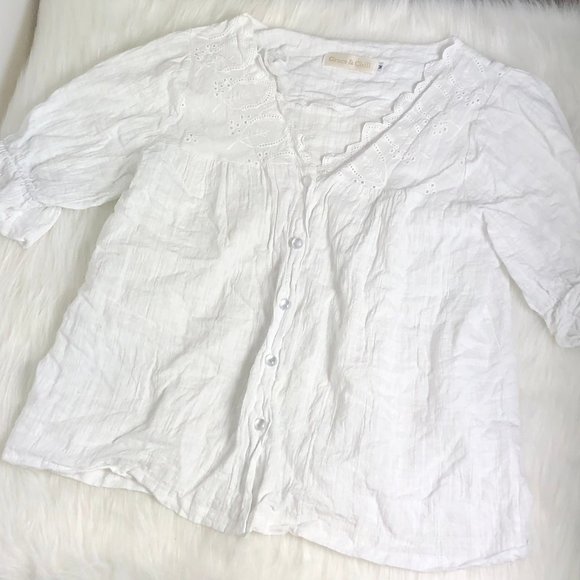 White Leaves Eyelet V Neck Button Tea Blouse M - Picture 3 of 10
